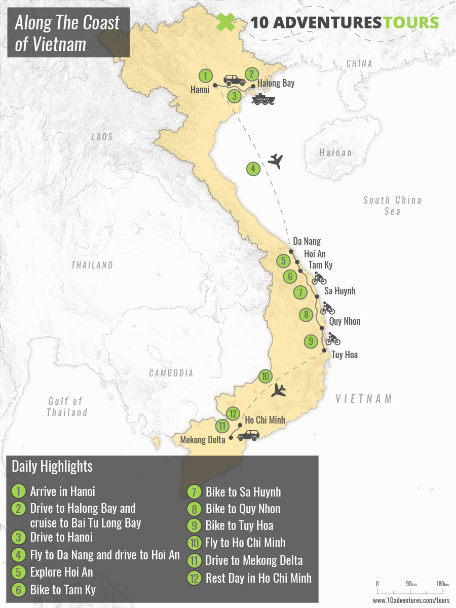 Map of guided Biking and Walking tour in the Beaches of Vietnam