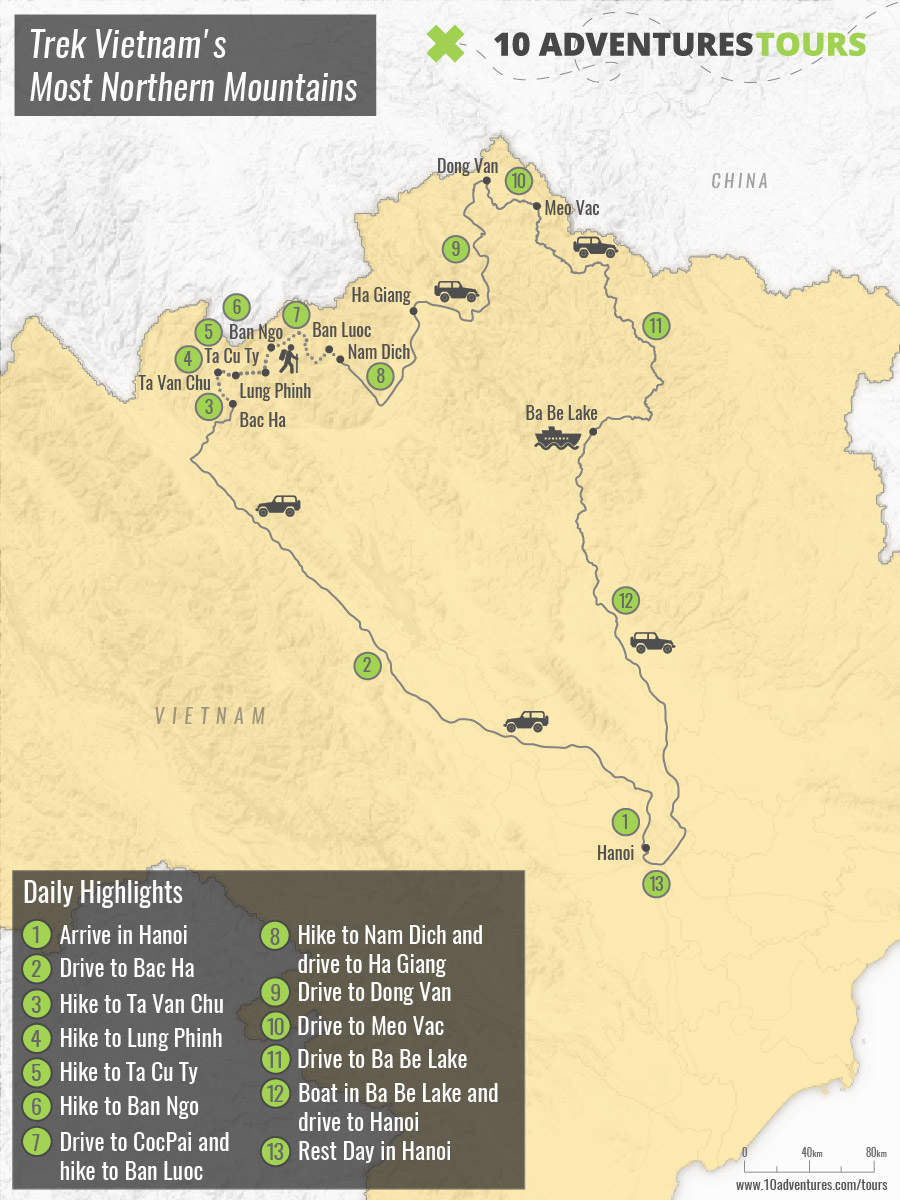 Map of Trekking Vietnam's Northern Mountains tour with a guide.