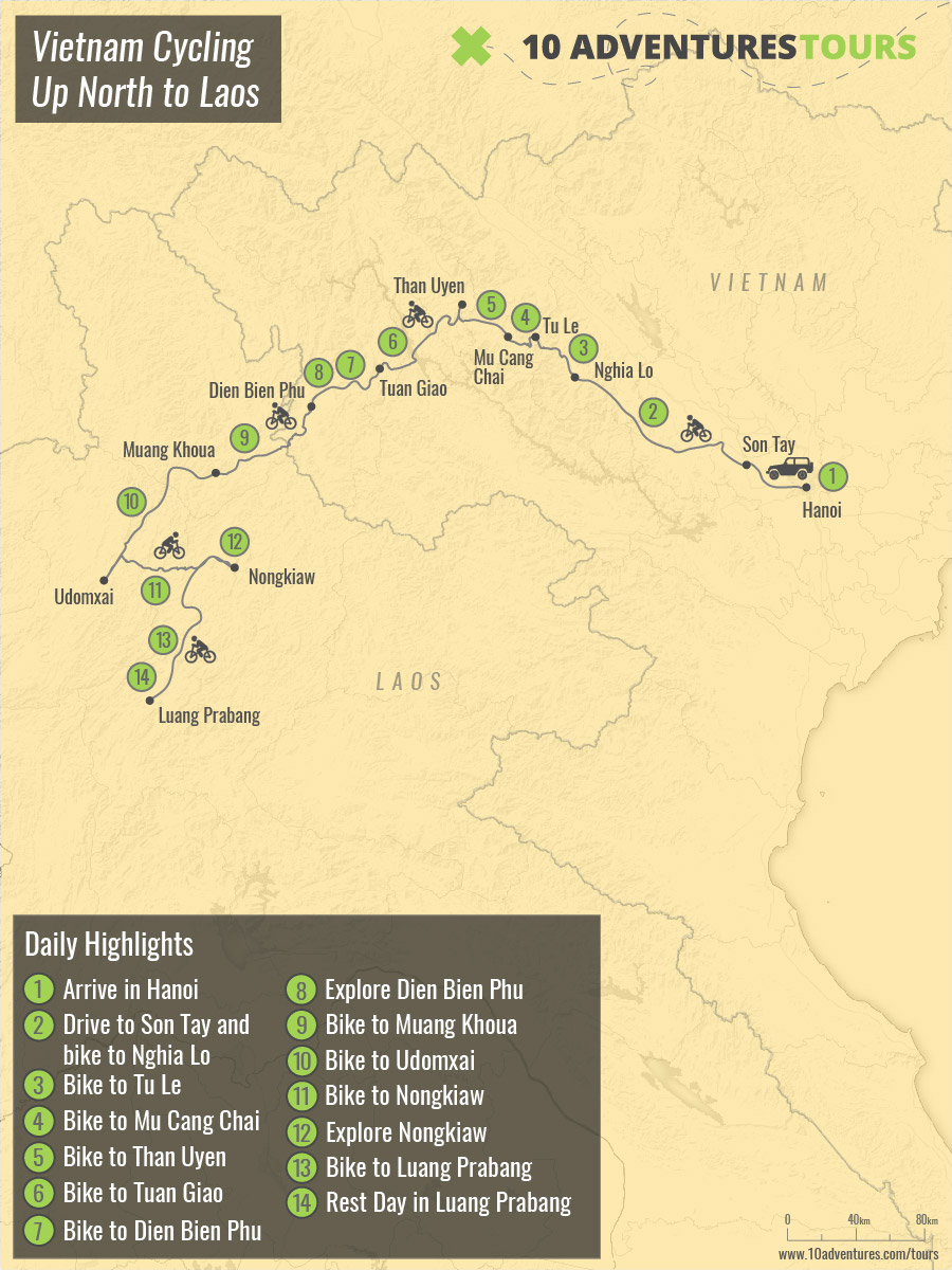 Map of Cycling from Hanoi to Luang Prabang tour in Vietnam and Laos