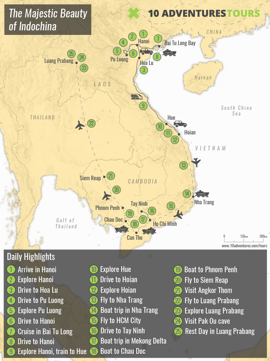 Map of guided Indochina Adventure Tour in Vietnam, Cambodia and Laos