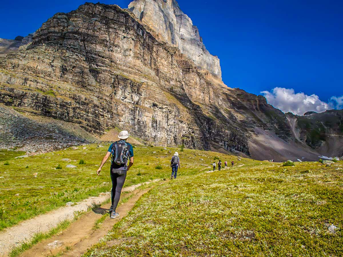 Group of hikers approaching the Sentinel Pass on a guided camping trip in the Rocky Mountains