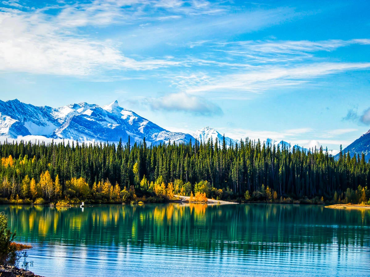 Beautiful autumn colors reflecting in the Emerald Lake in the Canadian Rockies