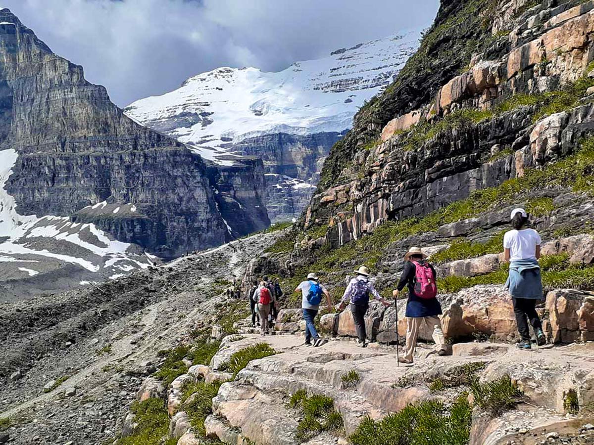 Group of hikers on a Plain of 6 Glaciers Hike