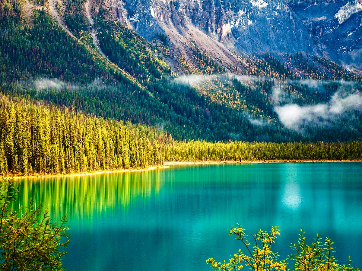 Emerald Lake near Lake Louise as seen on guided tour in Canadian Rocky Mountains