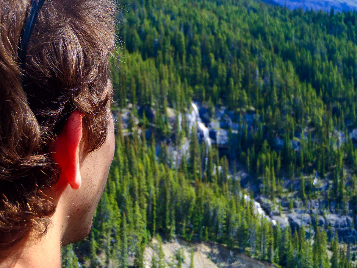 Hiker looking down to the forest on Rocky Mountain Guided Adventure