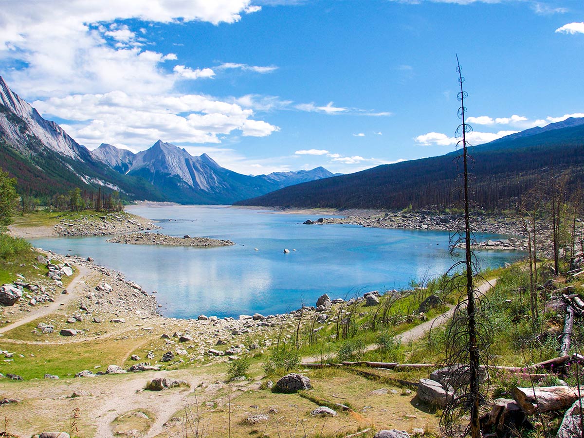 Medicine Lake in Jasper National Park seen on a guided camping tour in the Canadian Rockies