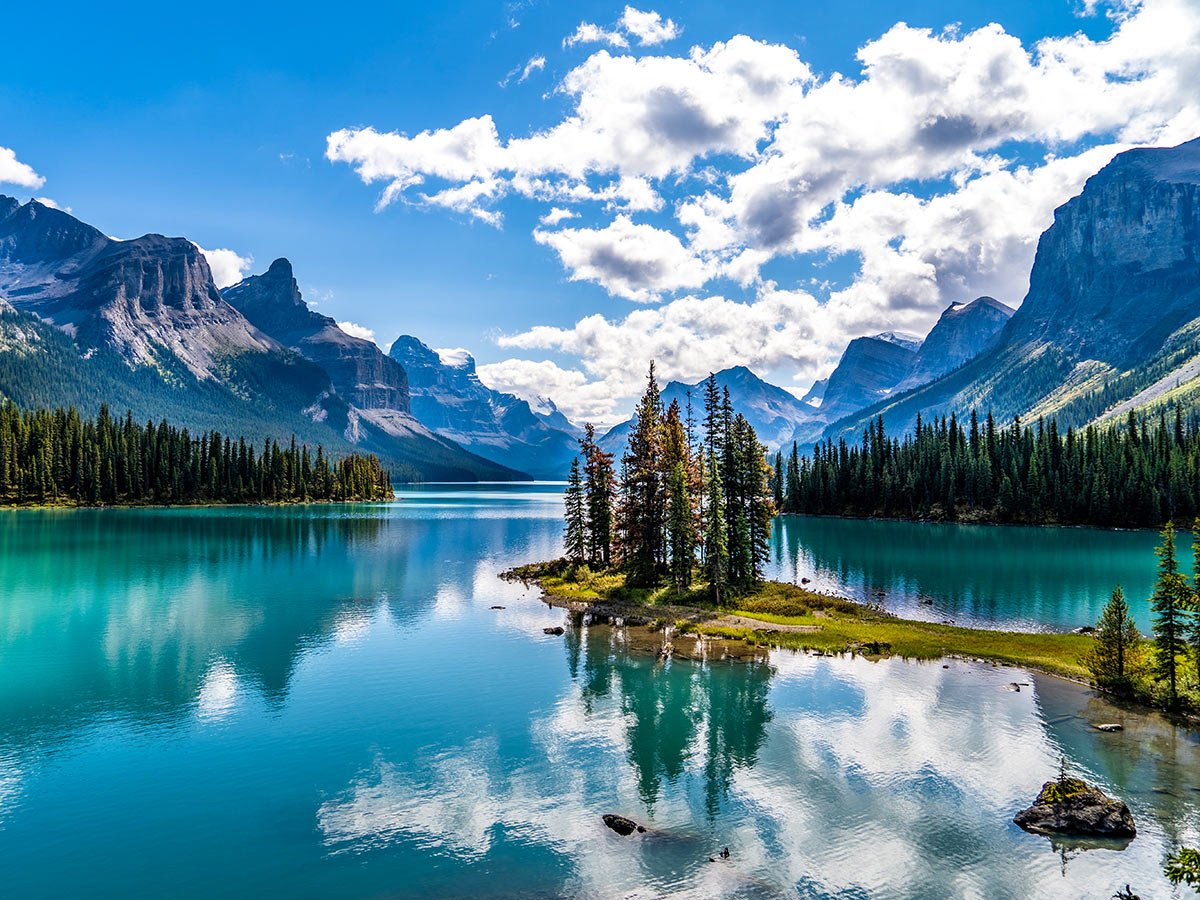 Spirit Island and Maligne Lake visited on 7 day Rocky Mountain Adventure with a guide