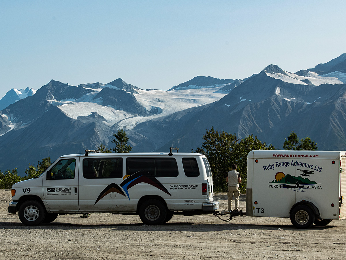 Van and trailer near Haines Pass, on Yukon and Alaska Scenic Tour