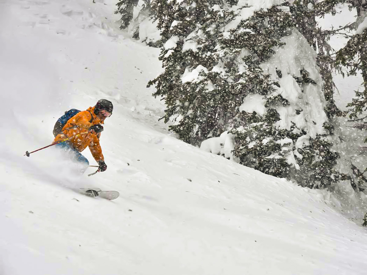 Skiing down on powdery snow (British Columbia, Canada)