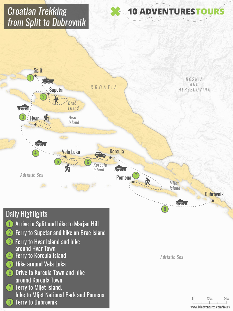 Map of Croatian Trekking from Split to Dubrovnik