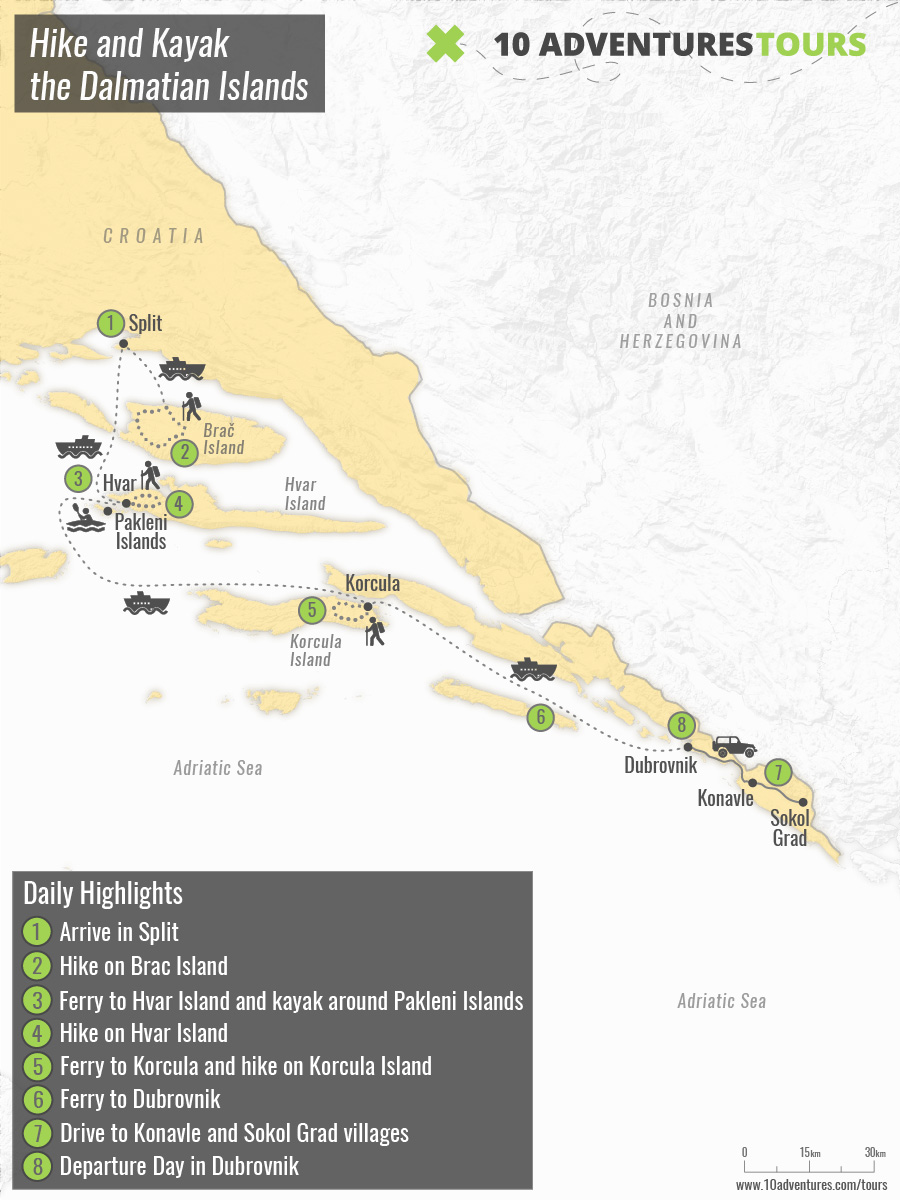 Map of Hike and Kayak the Dalmatian Islands