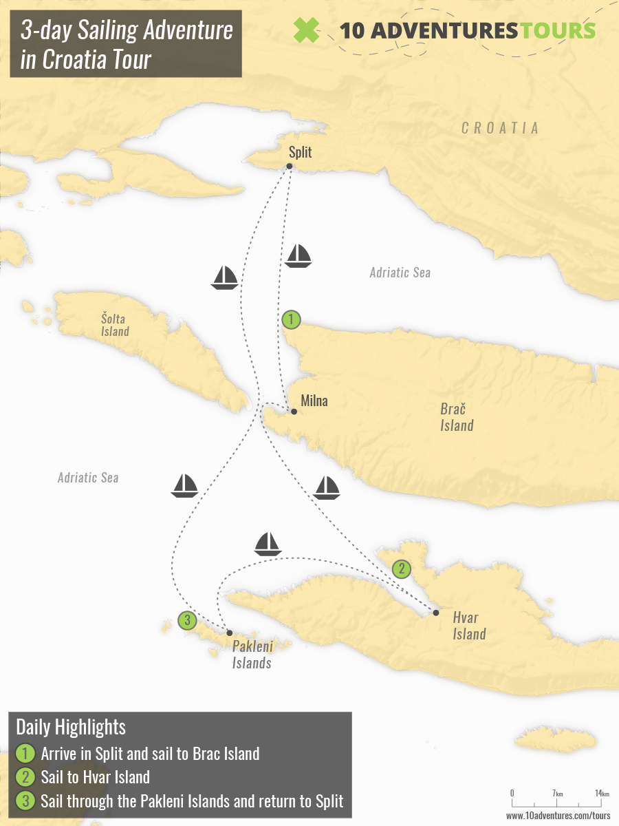 Map of 3-day Sailing Adventure in Croatia Tour