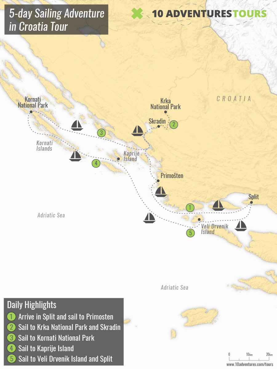 Map of 5-day Sailing Adventure in Croatia Tour