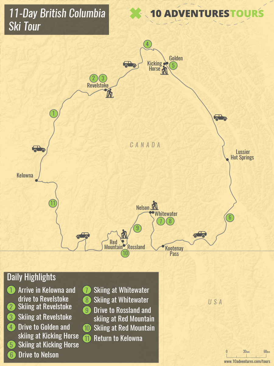 Map of 11-Day British Columbia Ski Tour with a guided group