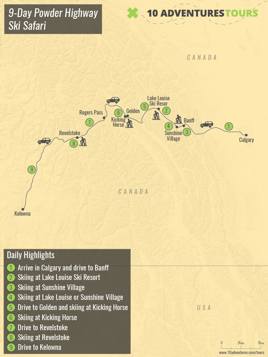 Map of 9-Day Powder Highway Ski Safari Tour in British Columbia, Canada