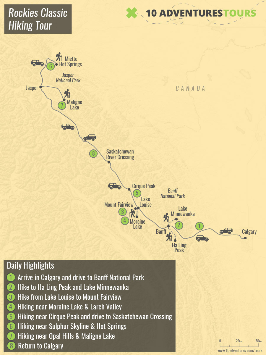 Map of Rockies Classic Hiking Tour (Alberta, Canada)