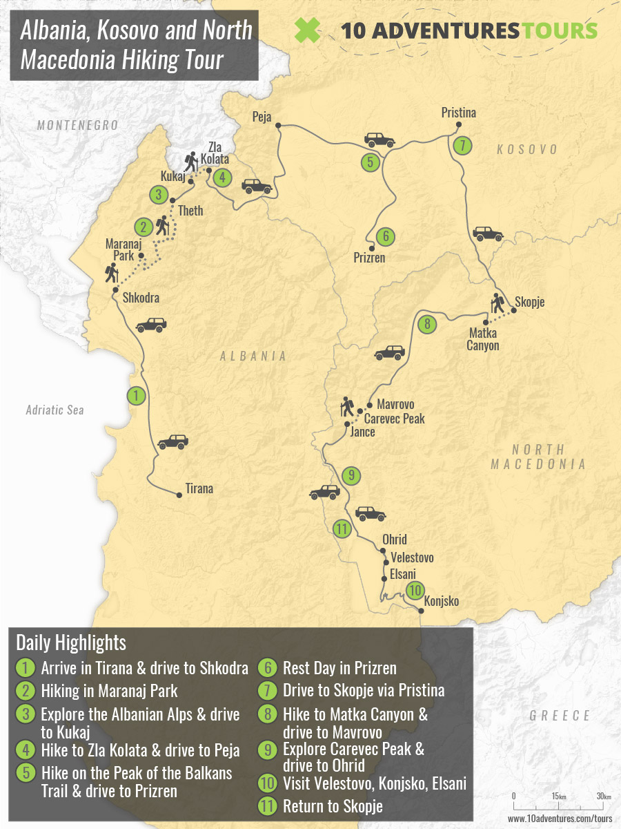 Map of Albania, Kosovo and North Macedonia Hiking Tour