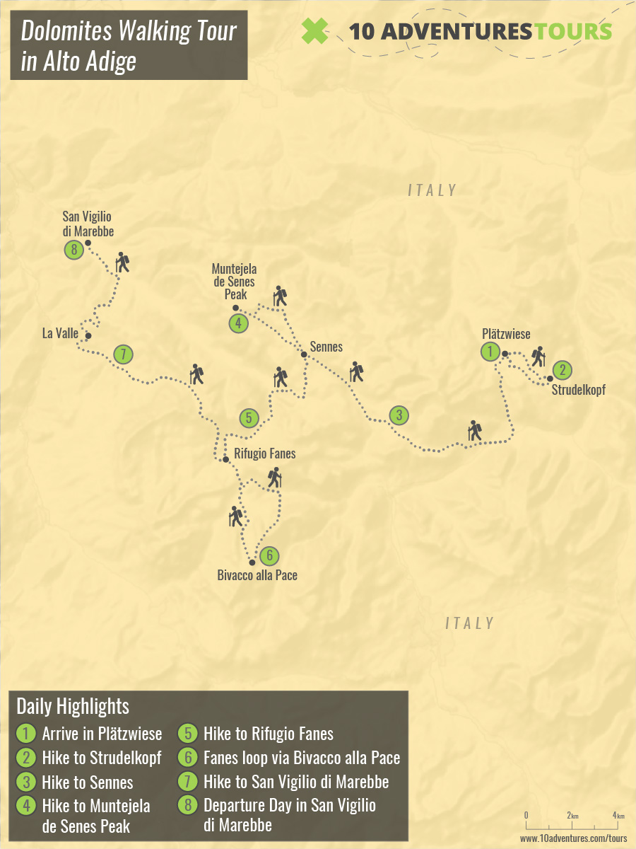 Map of Dolomites Walking Tour in Alto Adige