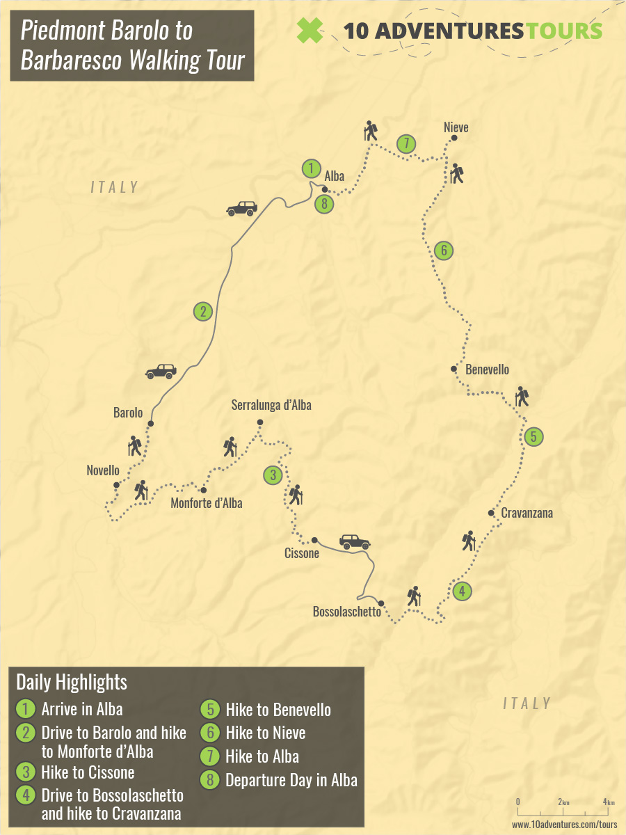 Map of Piedmont Barolo to Barbaresco Walking Tour