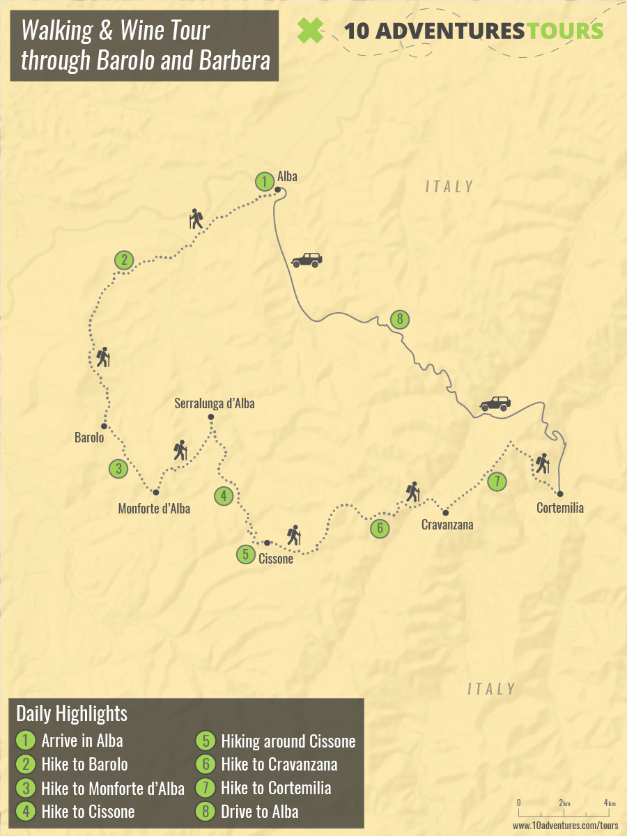 Map of Walking & Wine Tour through Barolo and Barbera