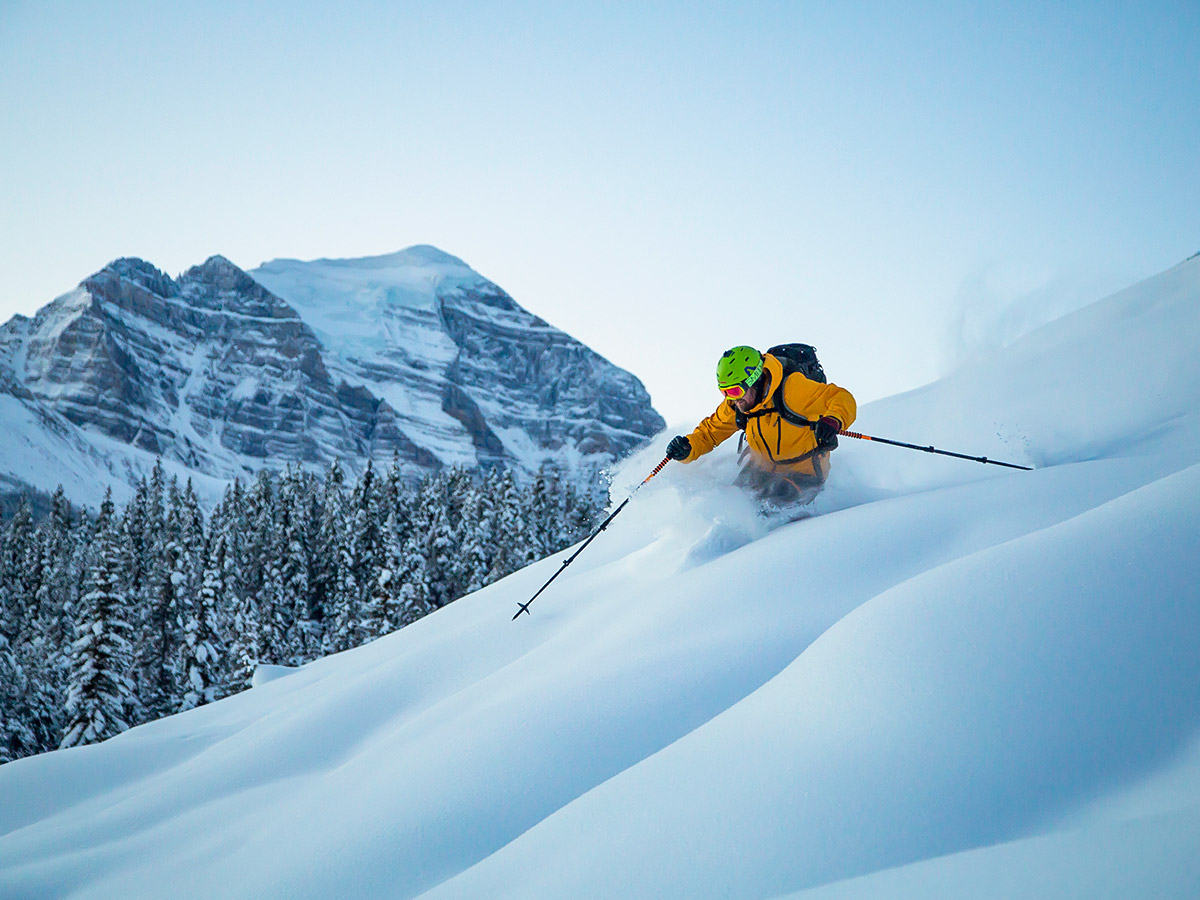 Skiing down the mountain in the Canadian Rockies