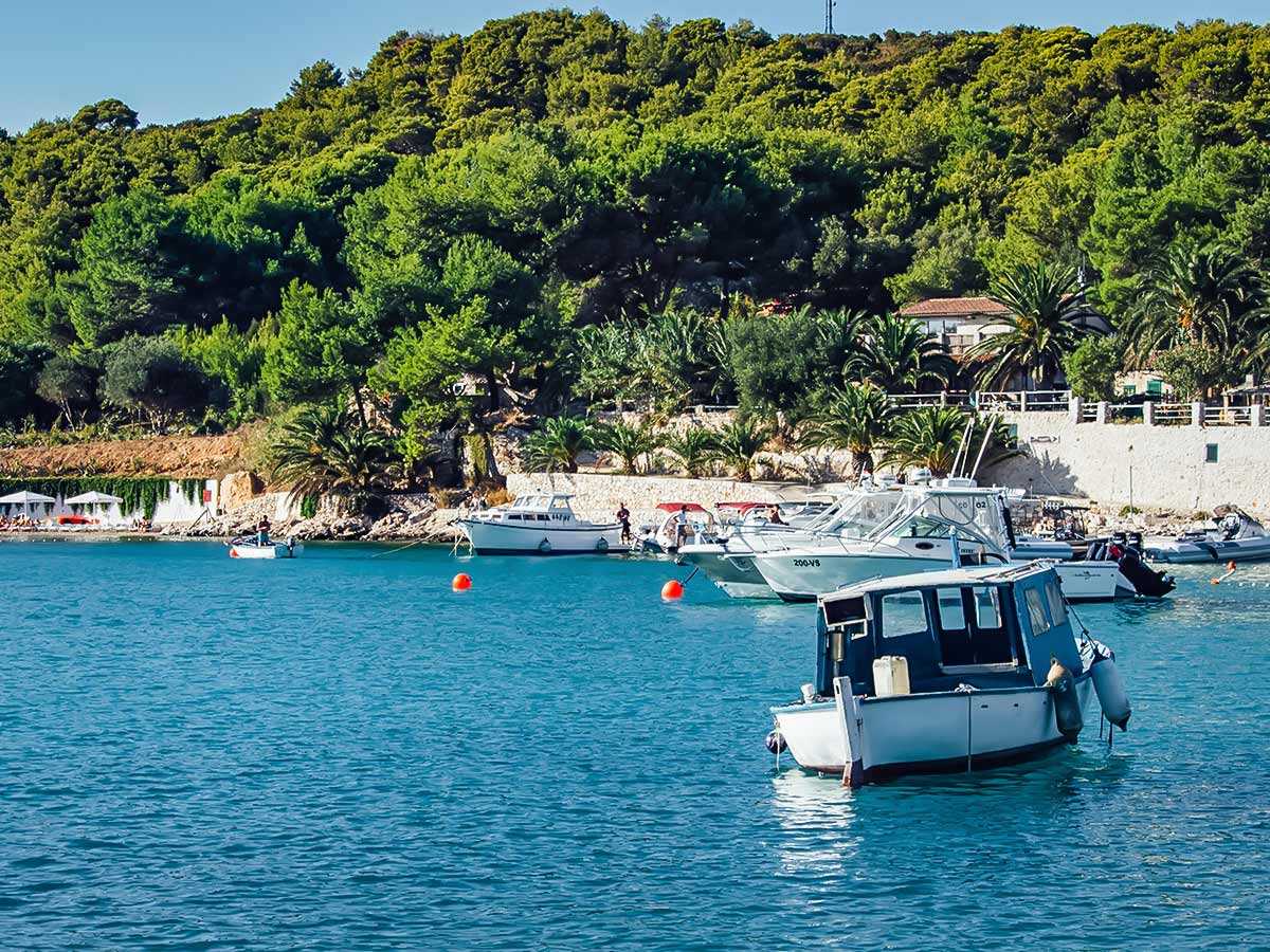 Yachts resting in marina of one of the beautiful Croatian islands in Dalmatian Sea