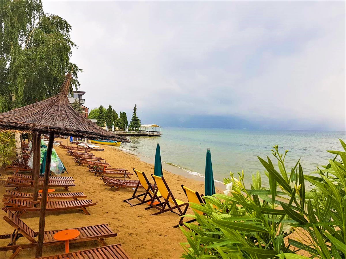 Pogradec beach in Albania, visited on a Hiking the Western Balkans Tour in Albania, Macedonia and Kosovo