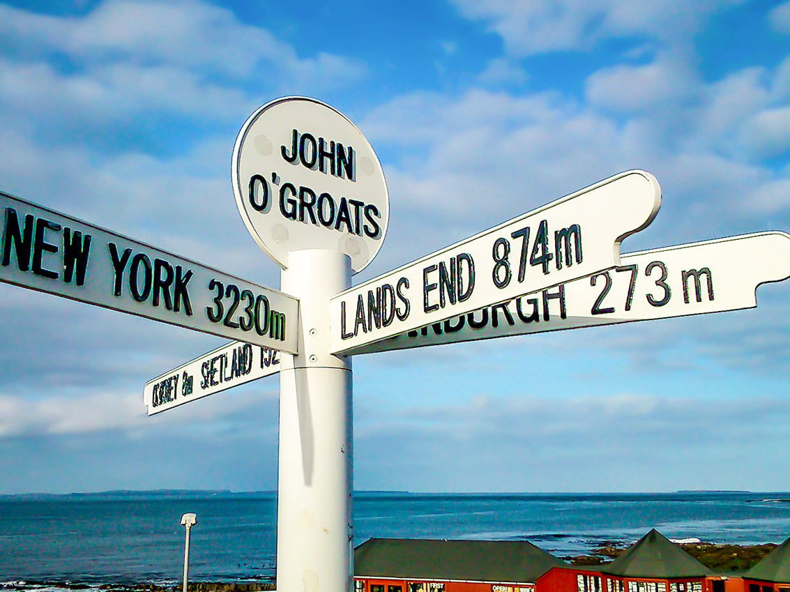 Signpost at John O Groats seen on the North Highland Way trek
