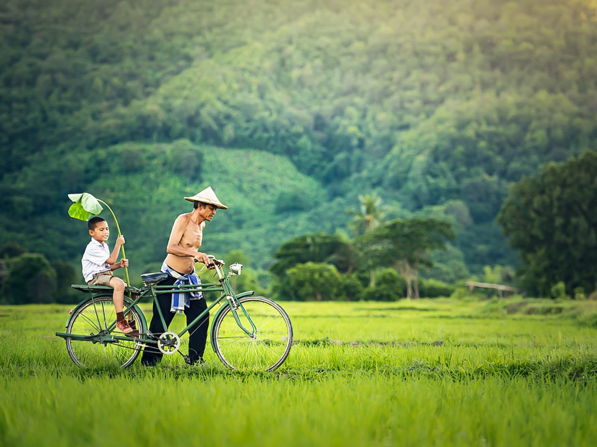 Father and son cycling along the trail of Vietnam Active Adventure Tour