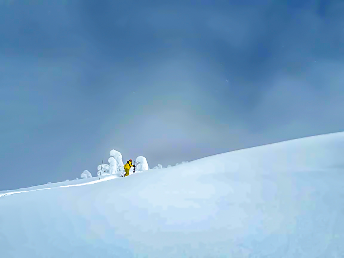 Expansive view of lone skier on a snowy mountain in British Columbia