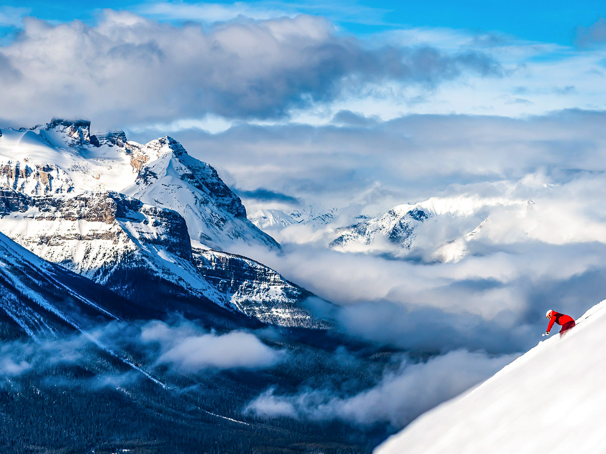 Stunning mountain views and skier in British Columbia