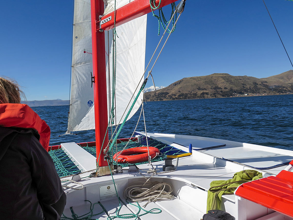 Catamaran trip in Titicaca lake as seen on guided Andes Journey in Bolivia Tour