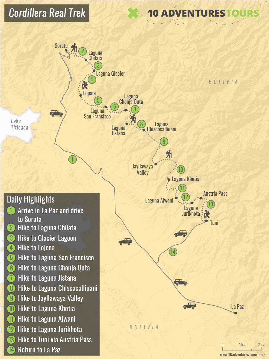 Map of Cordillera Real Trek in Bolivia