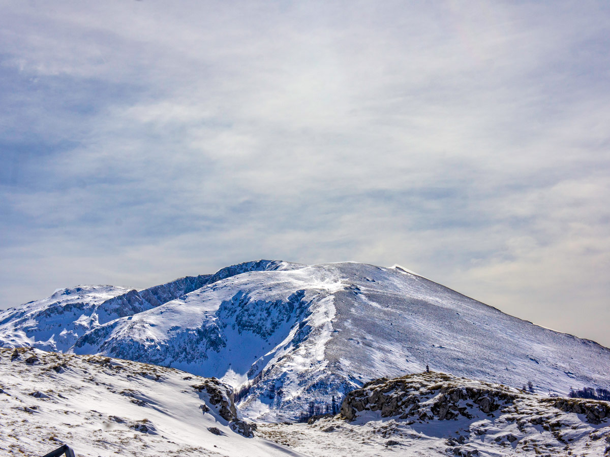 Snowy top of the Galichica Mountain visited on Two Lakes Hiking tour in Macedonia