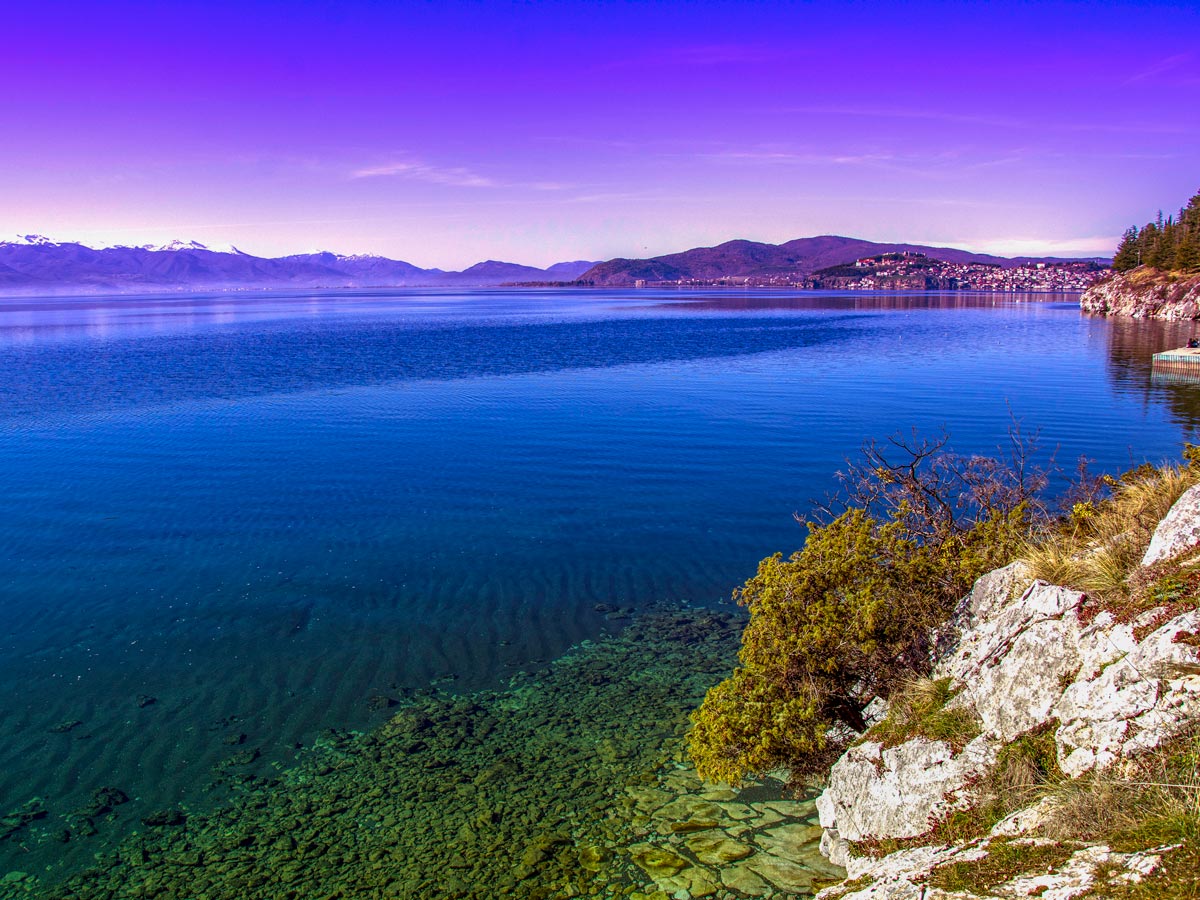 Ohrid lake shore seen on a walking tour of the two lakes in Macedonia