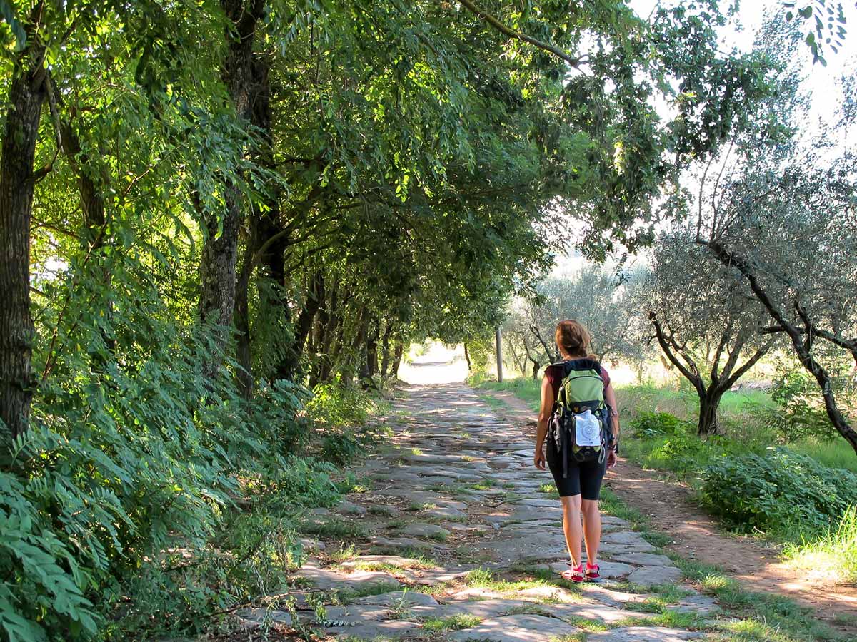 Walking on the Roman paving near Montefiascone on Via Francigena route