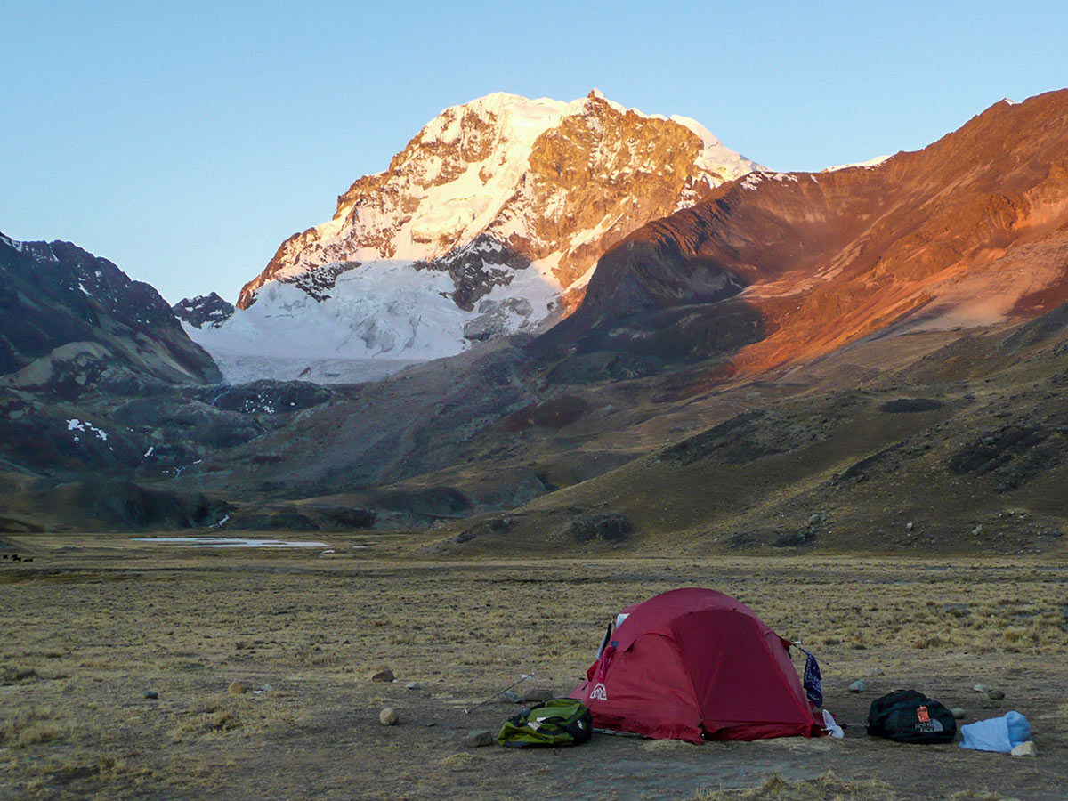 Red tent in Cordillera Real plateau Bolivia