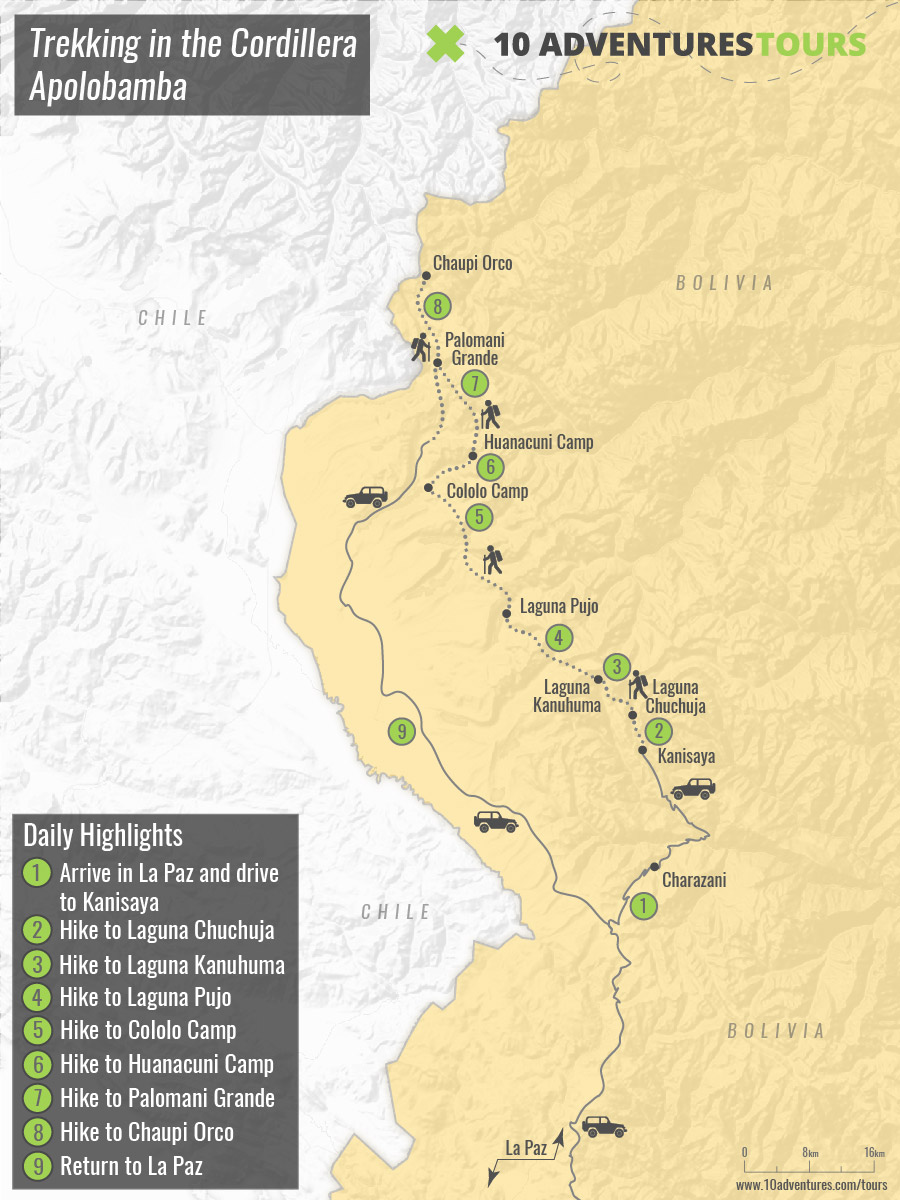 Map of Trekking in the Cordillera Apolobamba in Bolivia