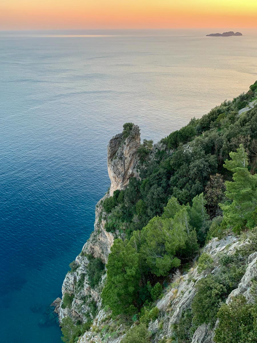 Beautiful sunset views of the ocean and Amalfi Coast seen on guided Amalfi Coast Walking Tour in Italy