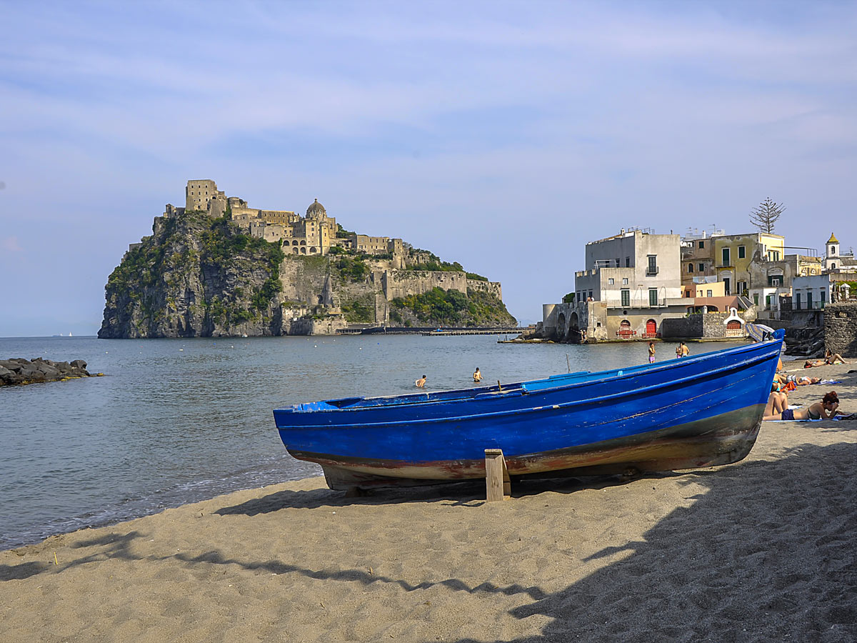 Boat near Castello in Ischia seen on guided Ischia Family Tour