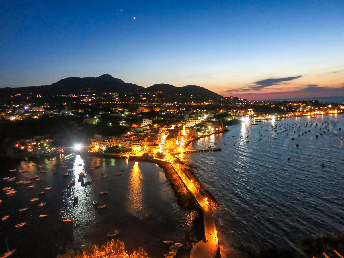 Castello Aragonese during the night as seen on Ischia Family Tour with a guide