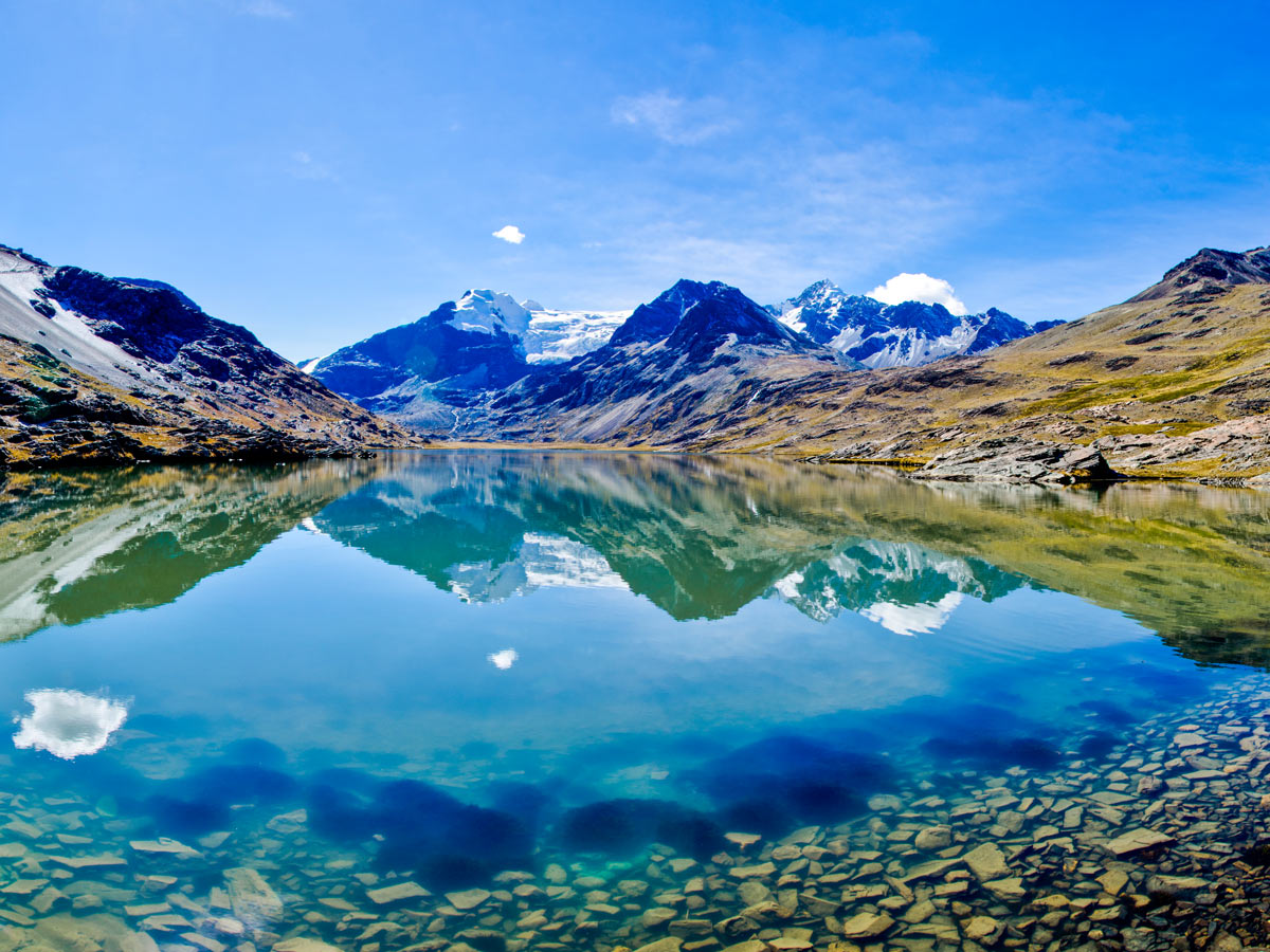 Mountains reflecting in the turquoise lake in the Apolobamba Cordillera - image by V. Kronental