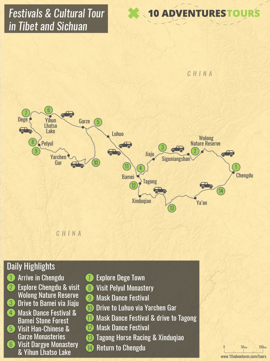 Map of Festivals & Cultural Tour in Tibet and Sichuan (China)