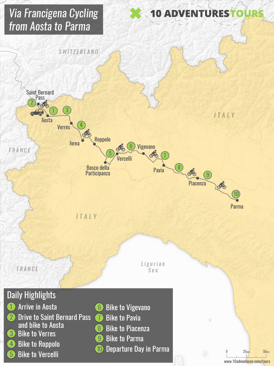 Map of Via Francigena Cycling from Aosta to Parma