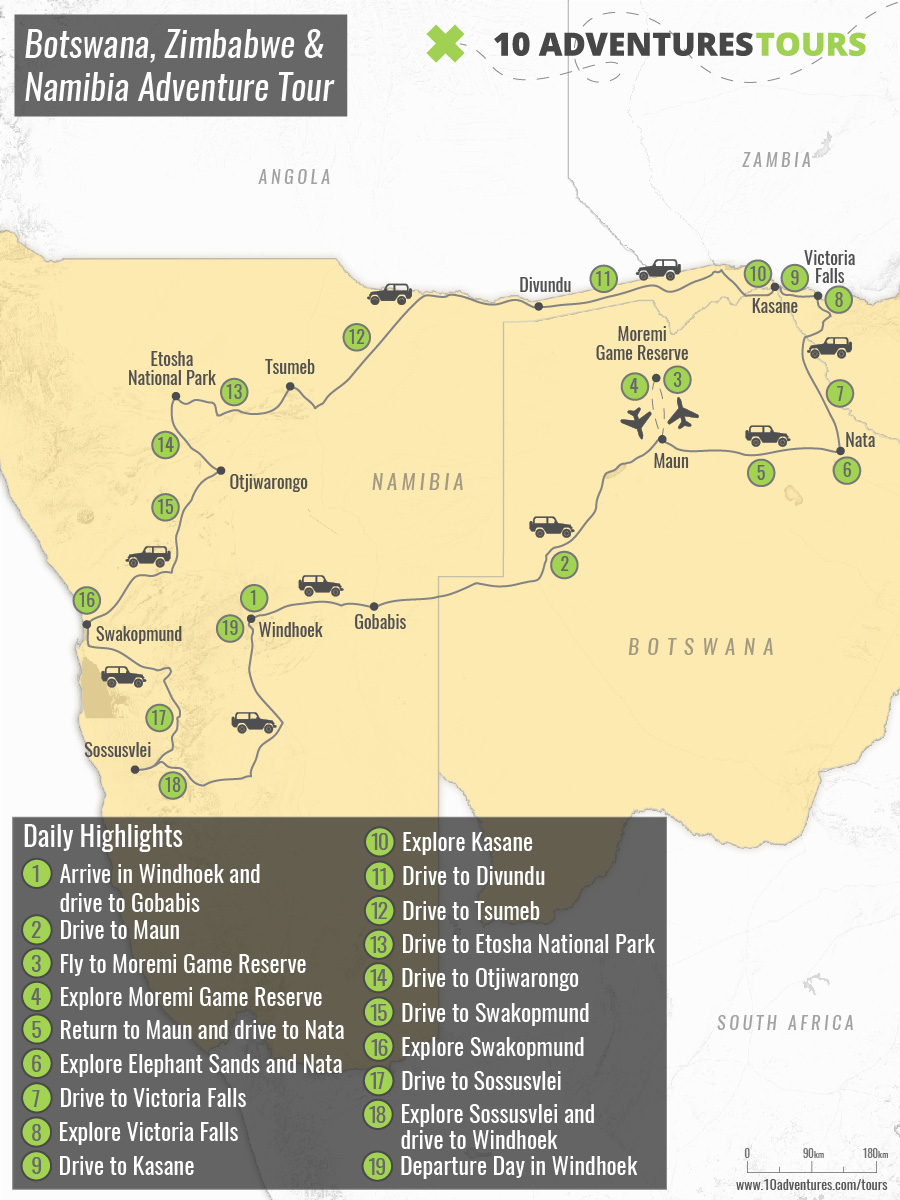 Map of Botswana, Zimbabwe & Namibia Adventure Tour