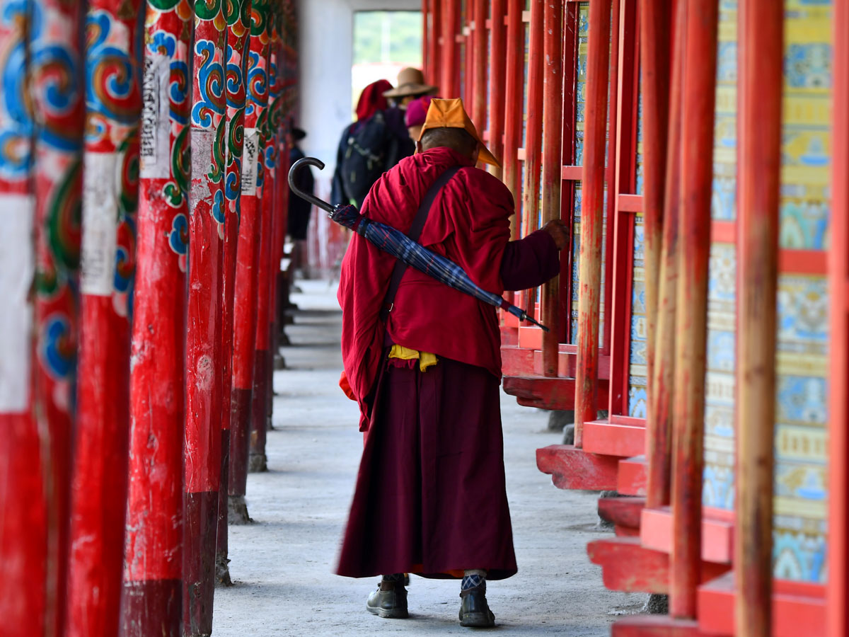 Prayer Wheels of Tagong Monastery along trekking tour through West Sichuan