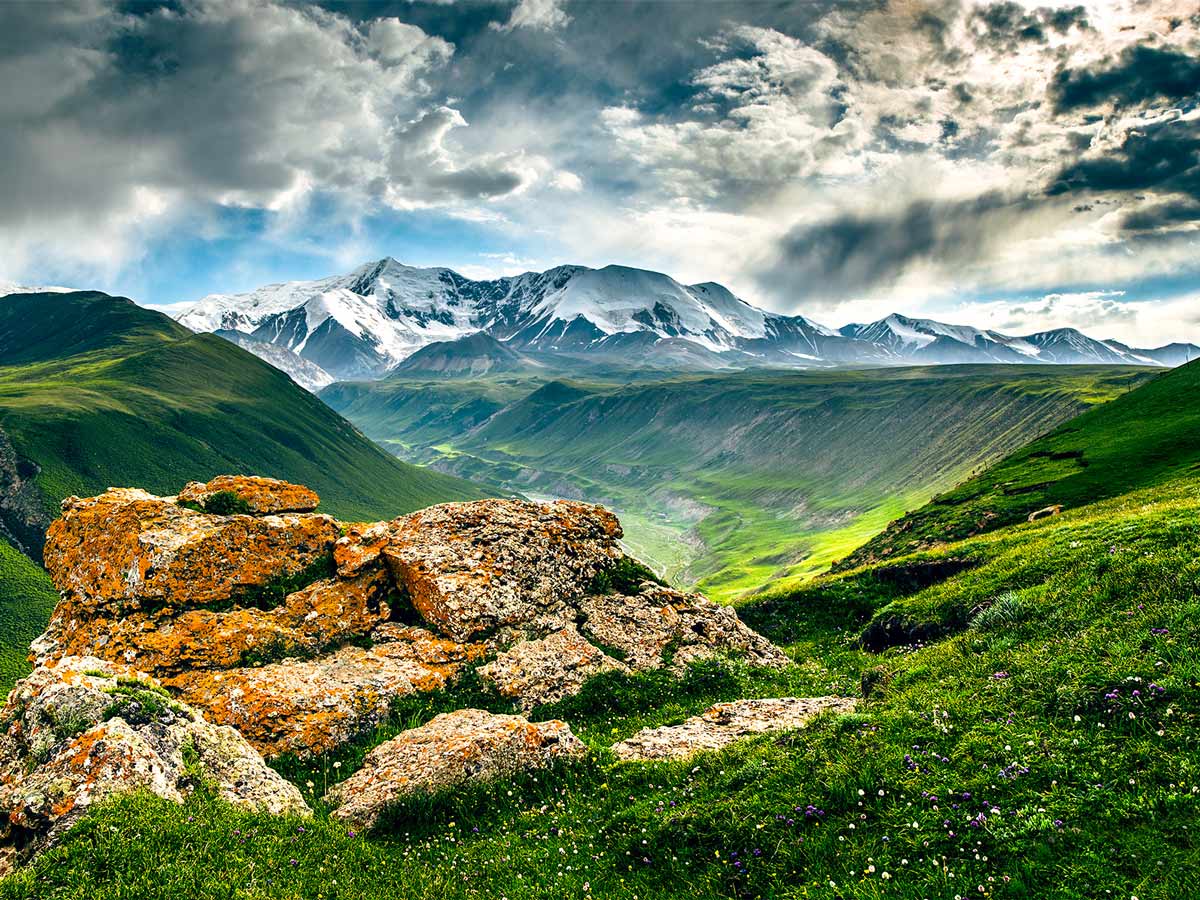 Beautiful mountains viewed from bike trail to Holy Mountain Amnye Machen in Tibet