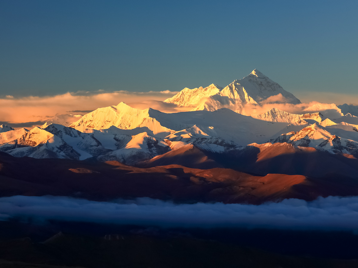 Mount Everest Himilayan mountain range at sunset in Tibet