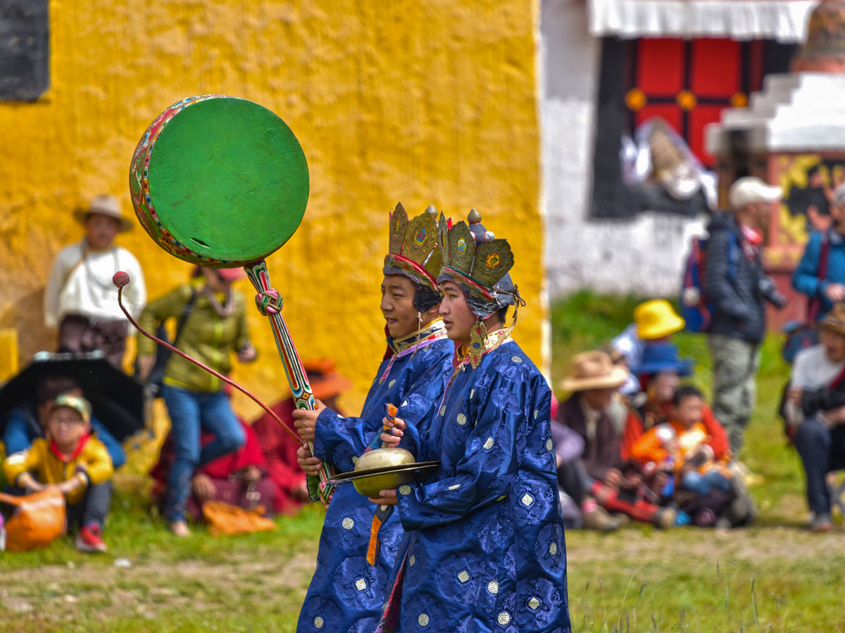Traditional Drummers at Huiyuan Temple Mask Dance Festival in West Sichuan