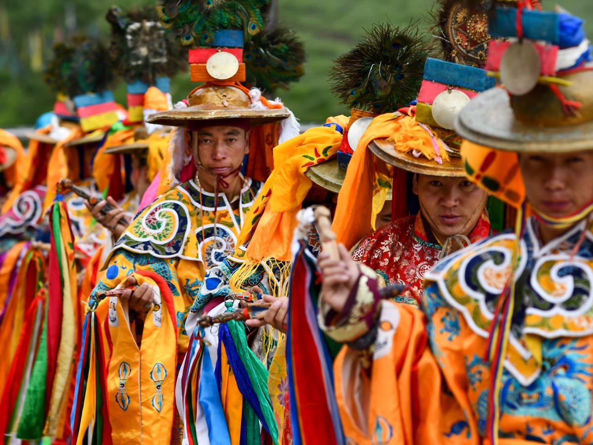 Tibetian traditioanl dance costumes Tagong Mask Dance Festival in West Sichuan